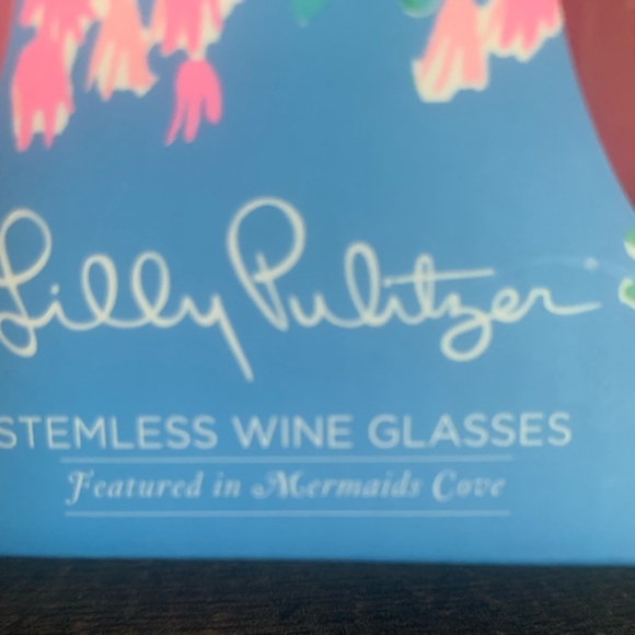 Lilly Pulitzer Stemless Wine Glasses Mermaids Cove Mermaid 16oz Set 2 Gold NEW - Picture 3 of 5